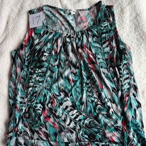 Jones Studio Turquoise, Black & Pink Printed Pleated Sleeveless Camisole